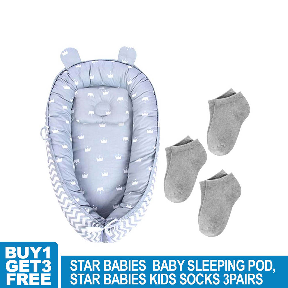 Star Babies - Lounger Sleeping Bed With Kids Socks 3pcs - Grey Stripe