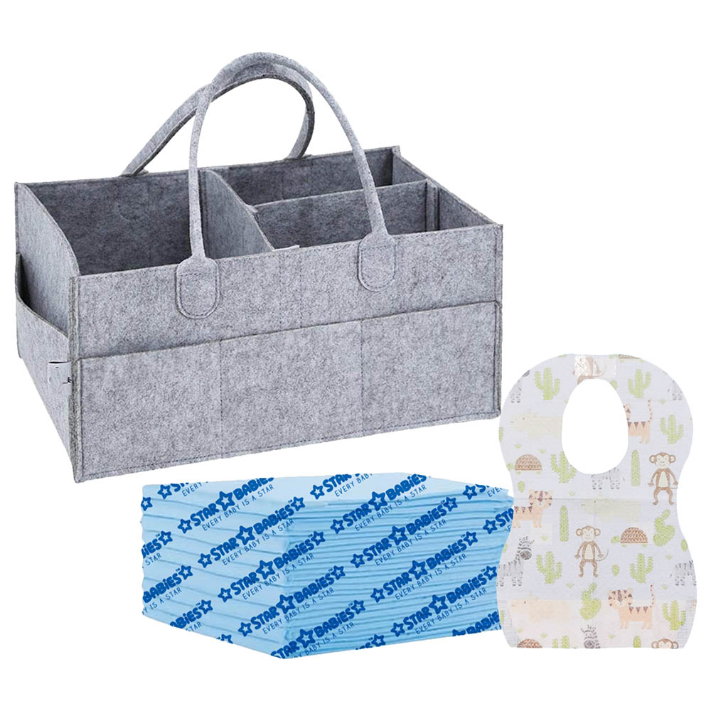Star Babies - Caddy Diaper Organizer - Grey with Disposable Bibs - 10pcs & Changing Mat - 10pcs - Blue