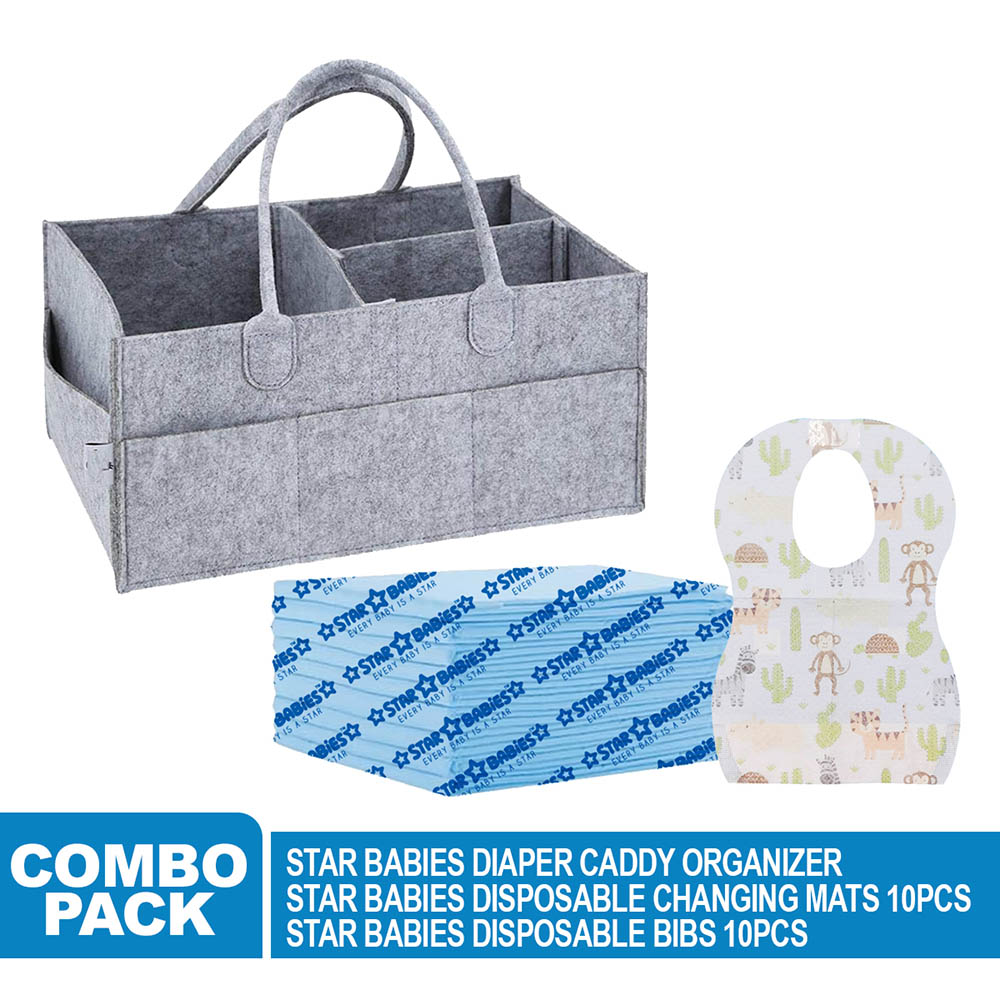 Star Babies - Caddy Diaper Organizer - Grey with Disposable Bibs - 10pcs & Changing Mat - 10pcs - Blue