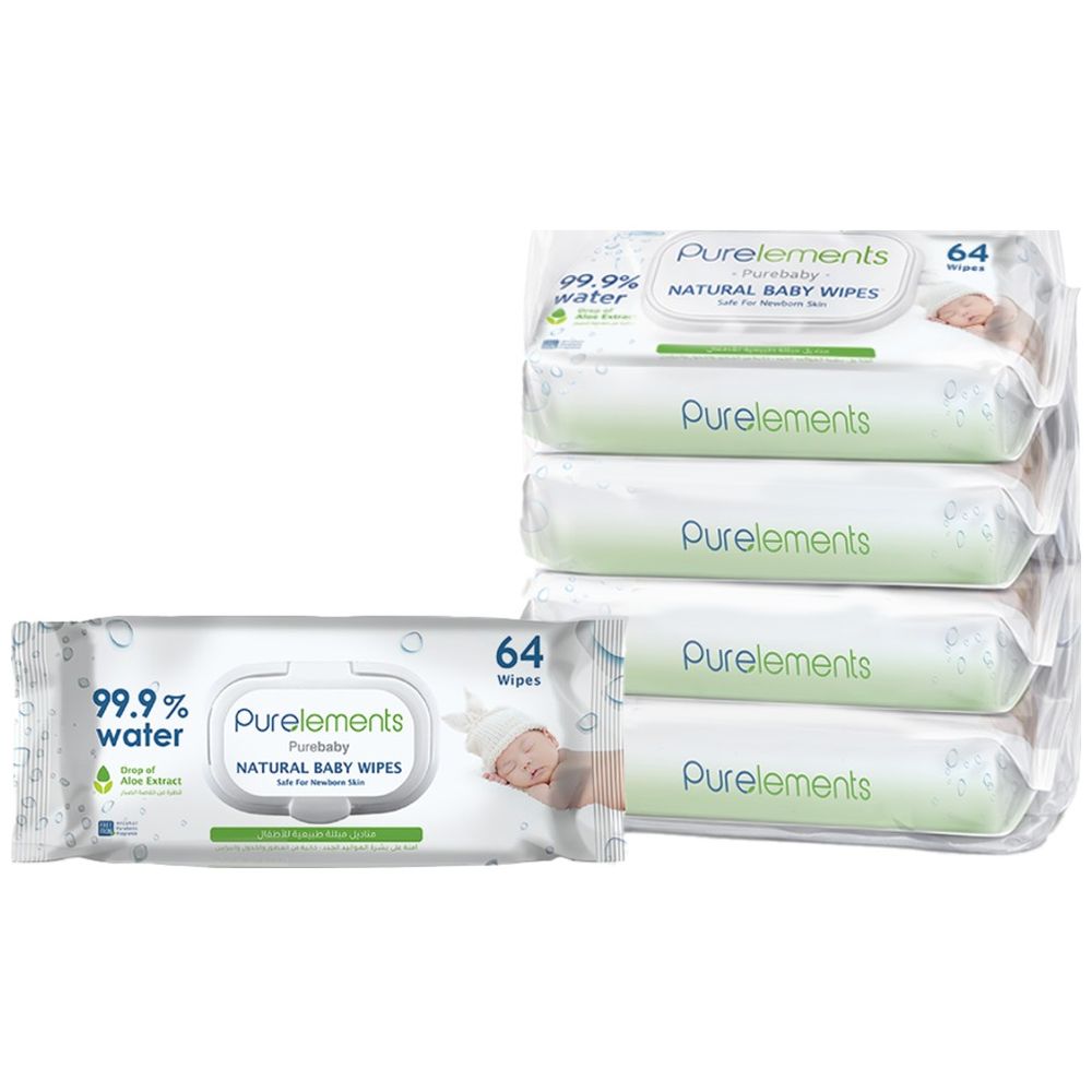 Purelements - Aloe Vera 99.9% Water Wipes for Sensitive Skin Pack Of 4 - 256 Wipes
