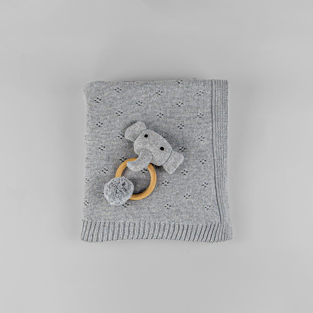 Bumble & Bird - Cozy Cocoon Knitted Organic Cotton Blanket With Rattle - Grey