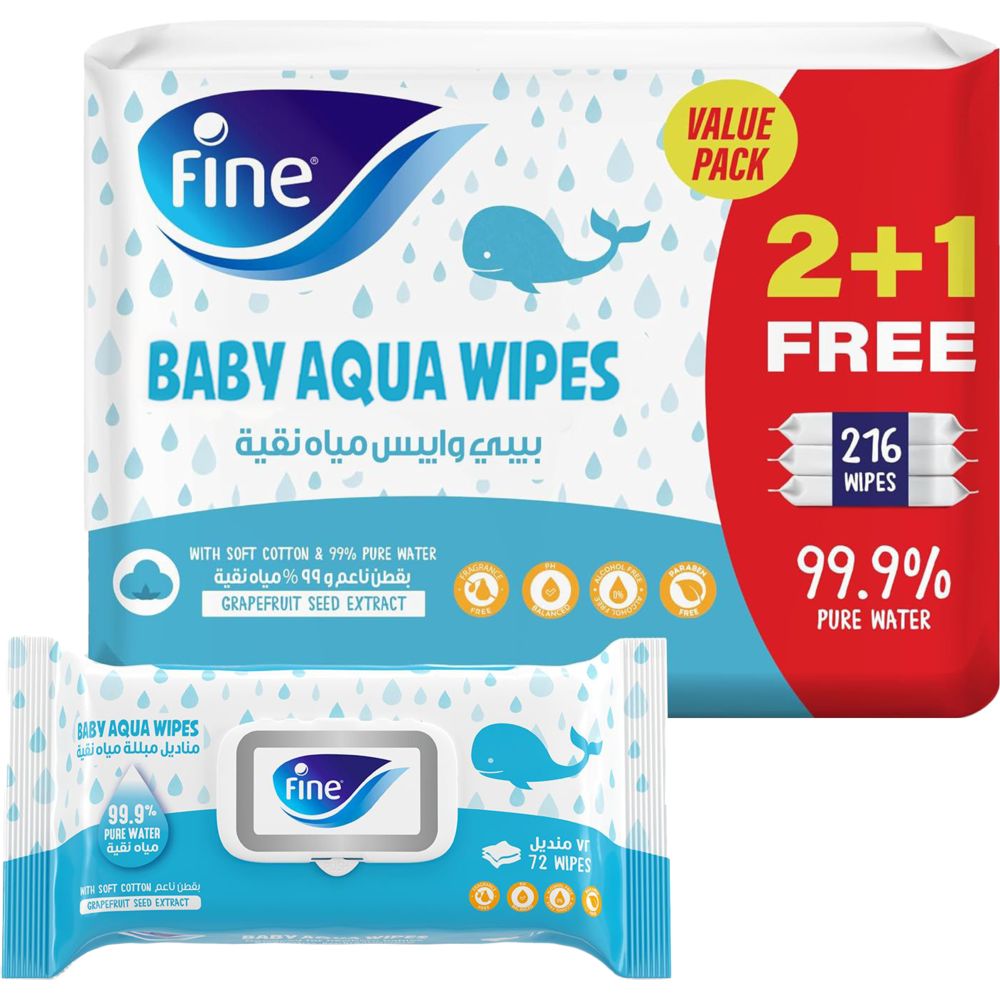 Fine - Baby Aqua Wipes 99.9% Pure Water & Soft Cotton 72 x 3 Ply - Pack Of 3