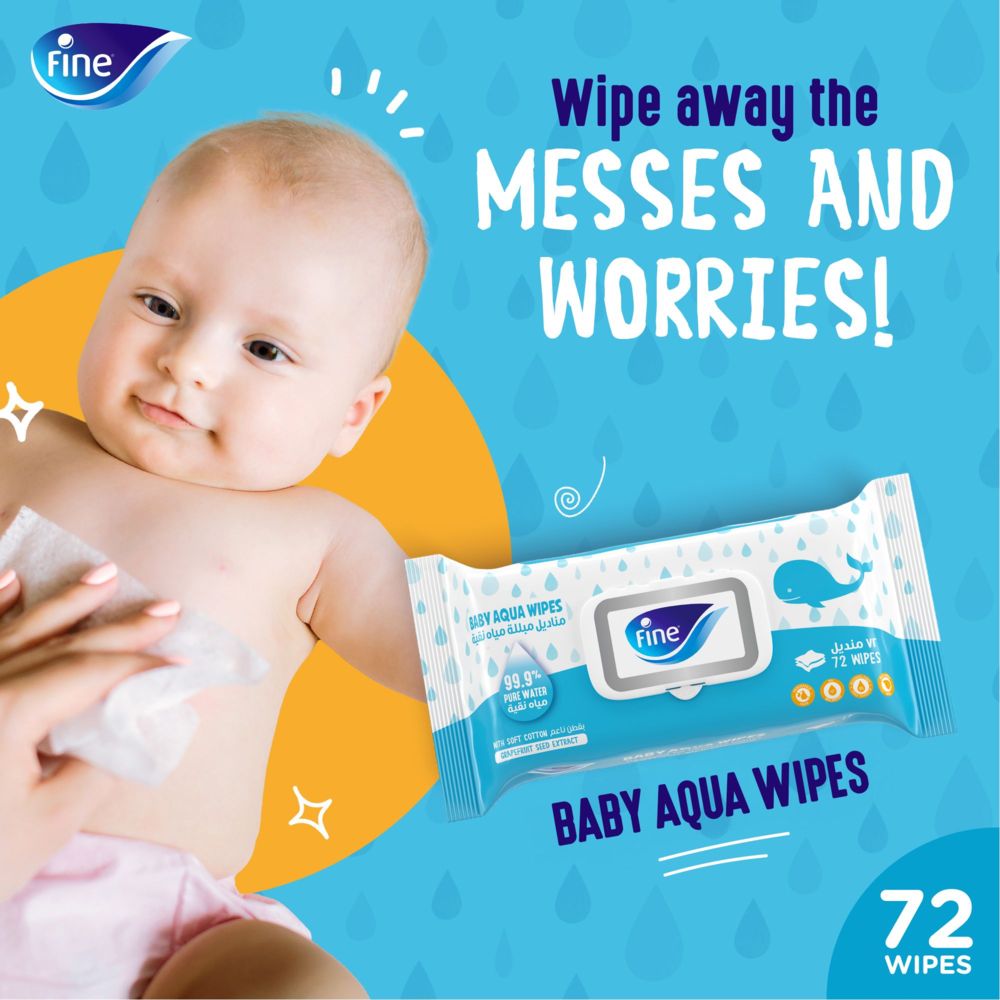 Fine - Baby Aqua Wipes 99.9% Pure Water & Soft Cotton 72 x 3 Ply - Pack Of 3
