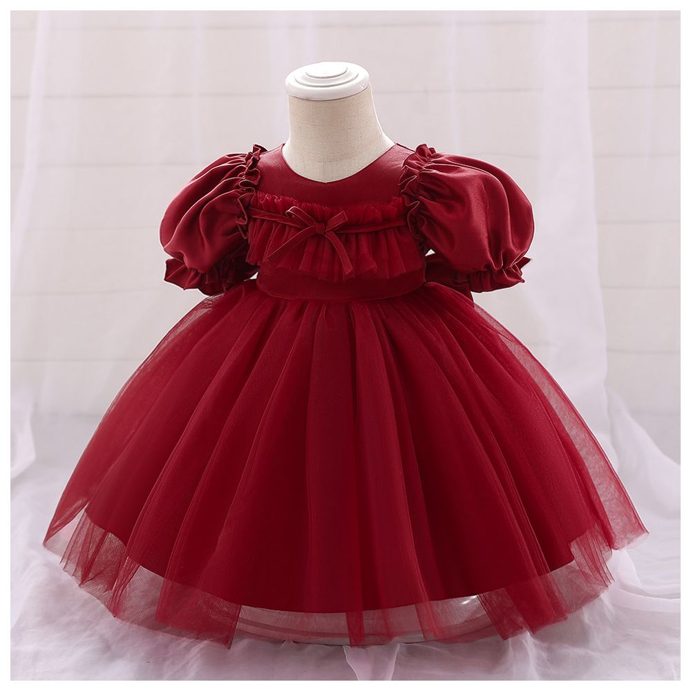 Sugar Rush - Solid Short Sleeves Party Dress - Maroon