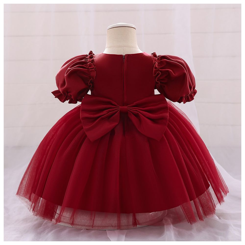 Sugar Rush - Solid Short Sleeves Party Dress - Maroon
