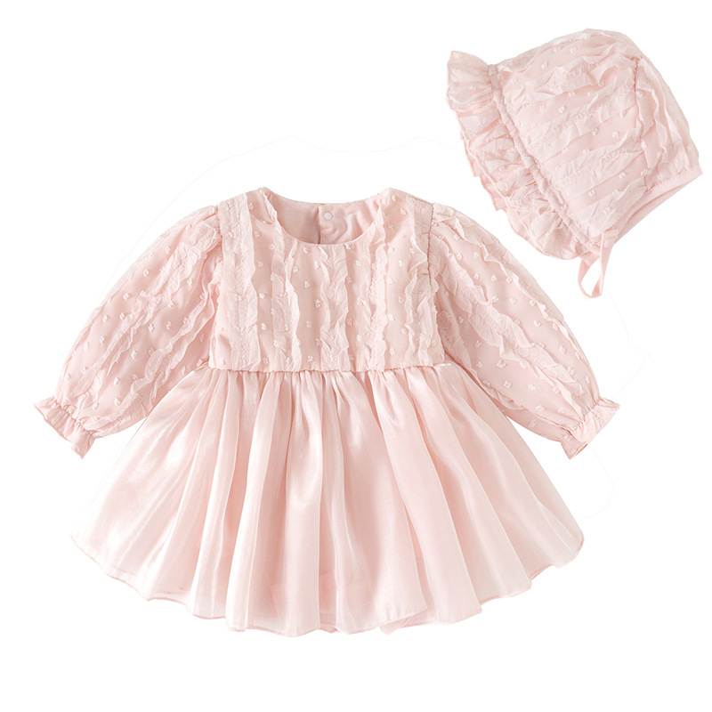 Sugar Rush - 2pc-Set - Baby Girl's Round Neck Party Dress With Cap - Pink