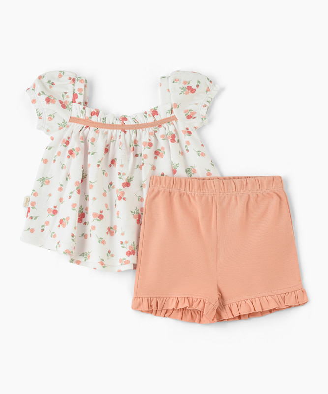 Elegant Kids - 2pc-Set - Flower Print Newborn Girl's Top & Bottom Set - White/Peach