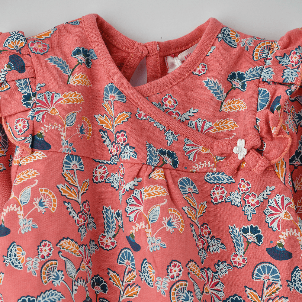 Jelliene - Baby Coral Floral Top With Ruffle Detail