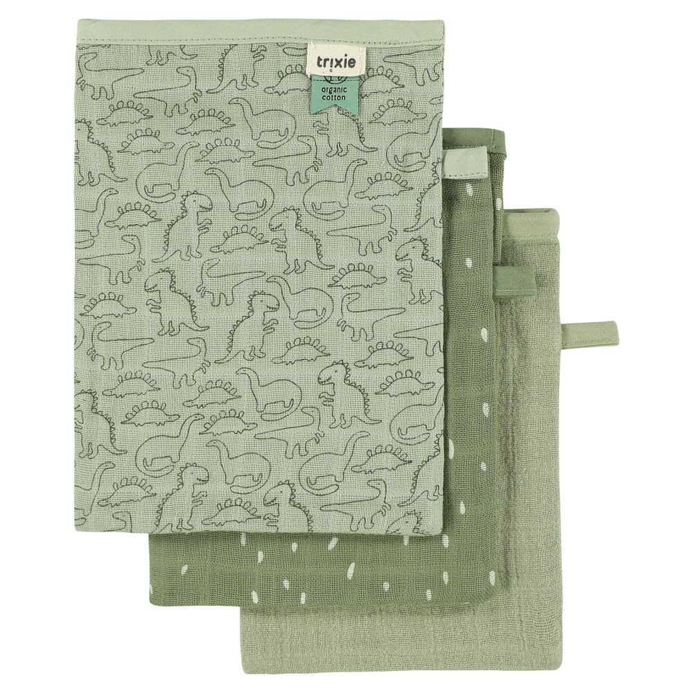 Trixie - Muslin Washcloth Set - Daring Dino - 3 Pcs
