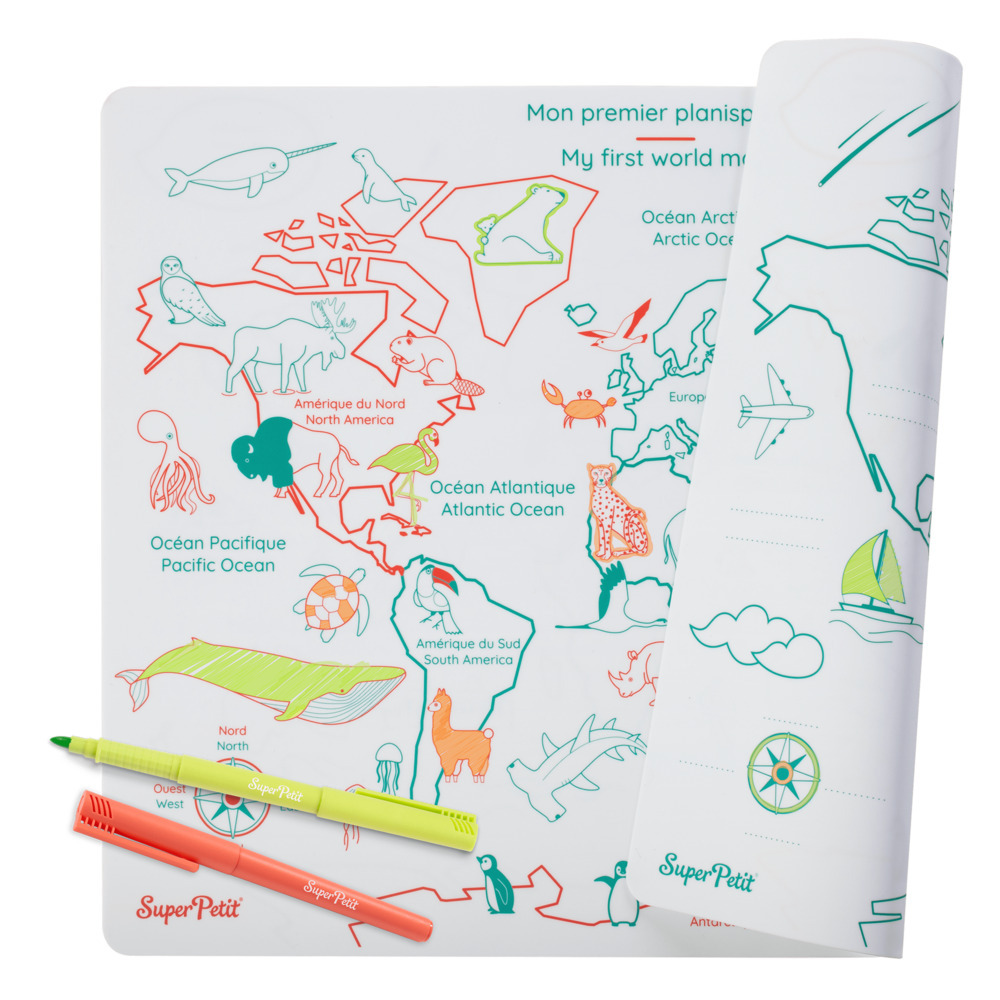 Super Petit - My First World Map Reversible Mats With 3 Thin Tip Markers