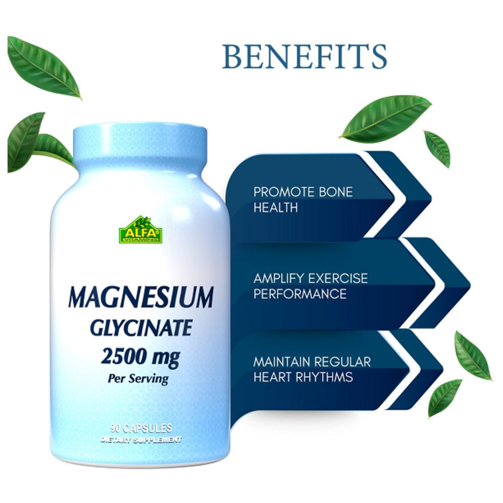 Alfa Vitamins - Magnesium Glycinate 2500 mg Supplement Capsules - 90 Pcs