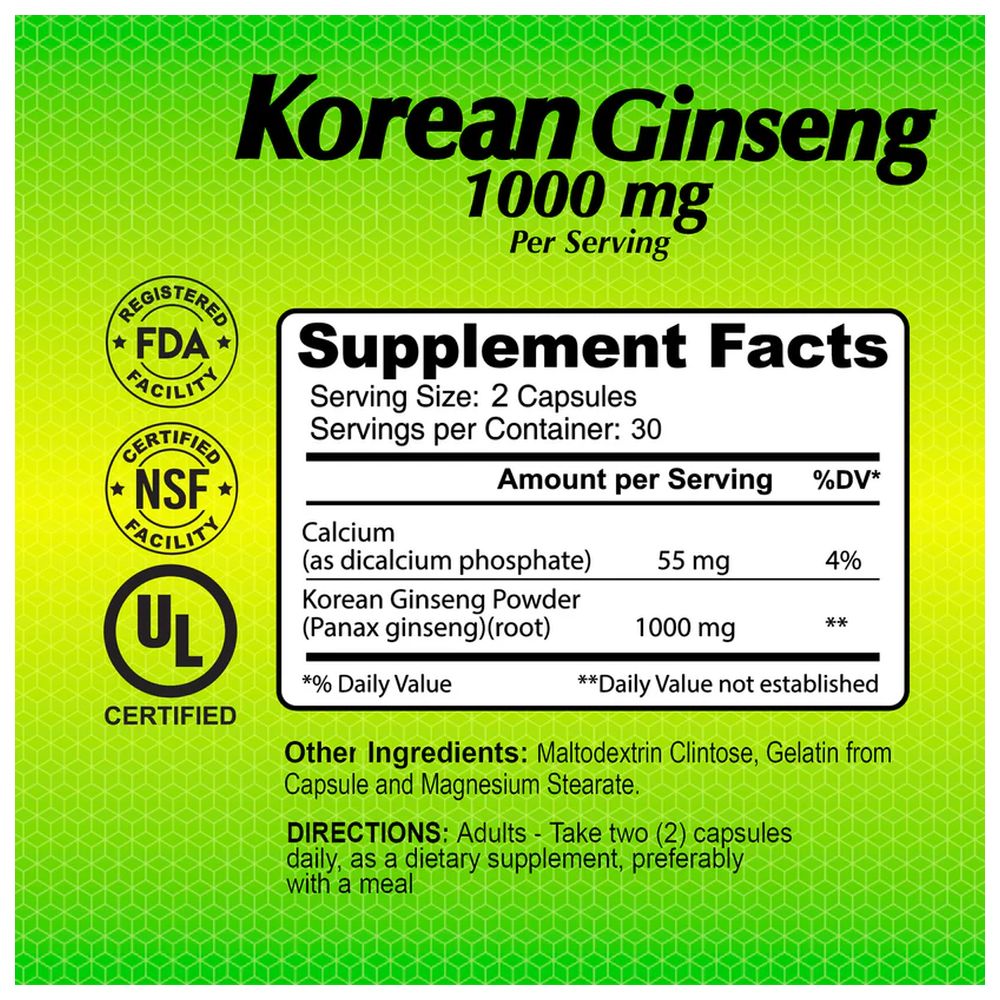 Alfa Vitamins - Korean Ginseng 1000 mg Supplement Capsules - 60 Pcs