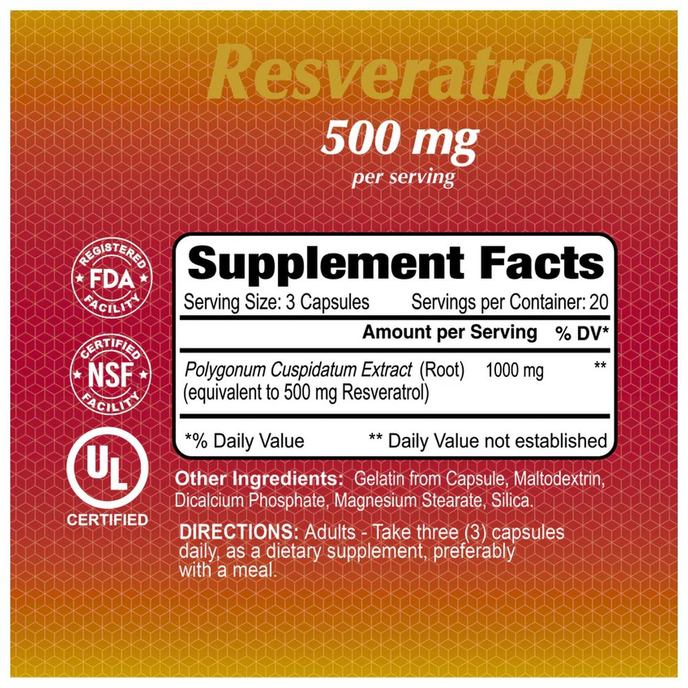 Alfa Vitamins - Resveratrol 500 mg Antioxidant & Anti-Aging Supplement Capsules - 60 Pcs
