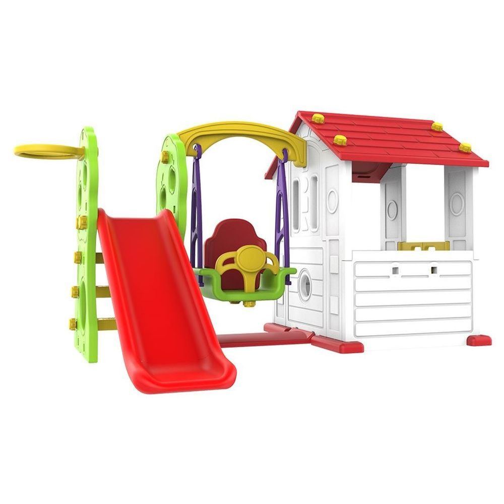 Factual Toys - Panda's Tomo Playhouse - Slide With Baby Swing - White & Red