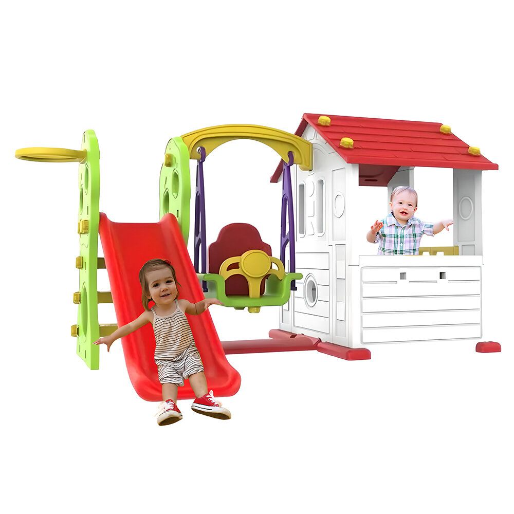 Factual Toys - Panda's Tomo Playhouse - Slide With Baby Swing - White & Red