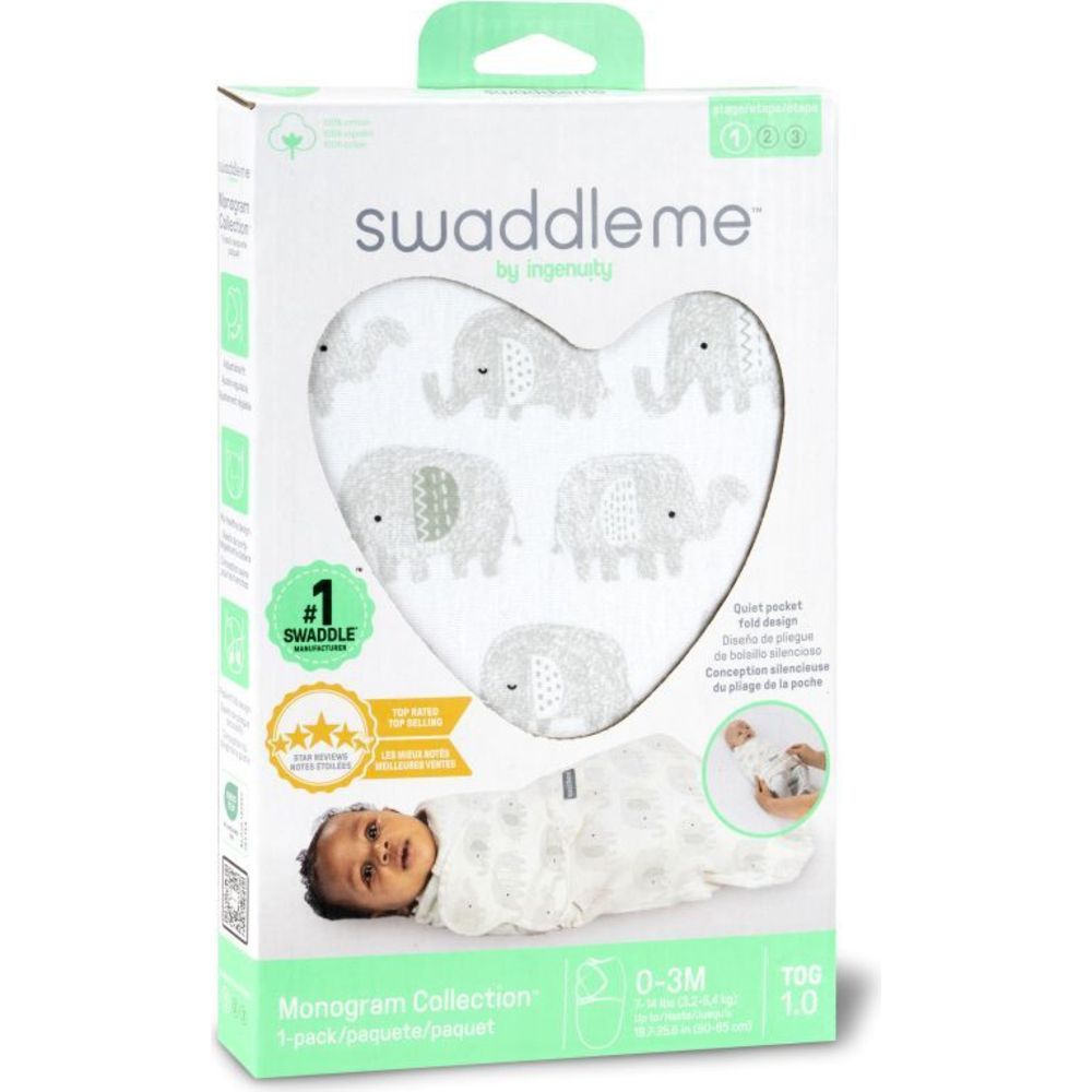 Ingenuity - 0.5 TOG SwaddleMe Monogram Swaddle - Scribble Elephant
