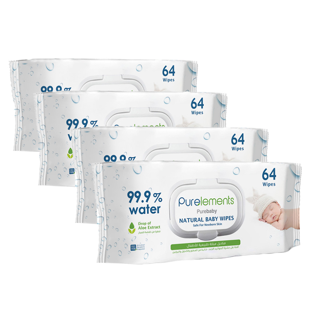 Purelements - Aloe Vera 99.9% Waterwipes for Sensitive Skin Pack Of 4 - 256 Wipes