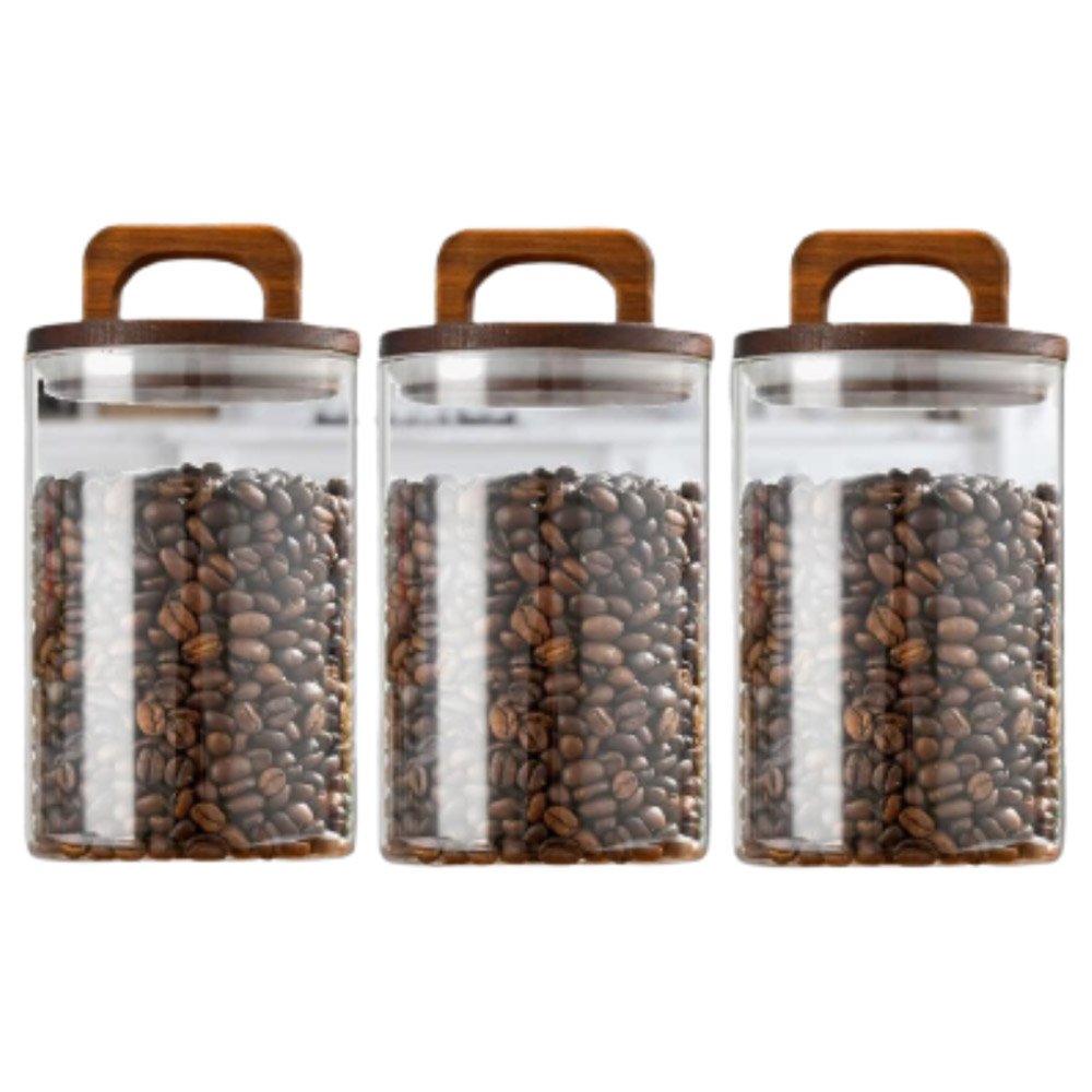 1Chase - Glass Food Storage Jar With Acacia Wood Lid - 1 L - 3pcs
