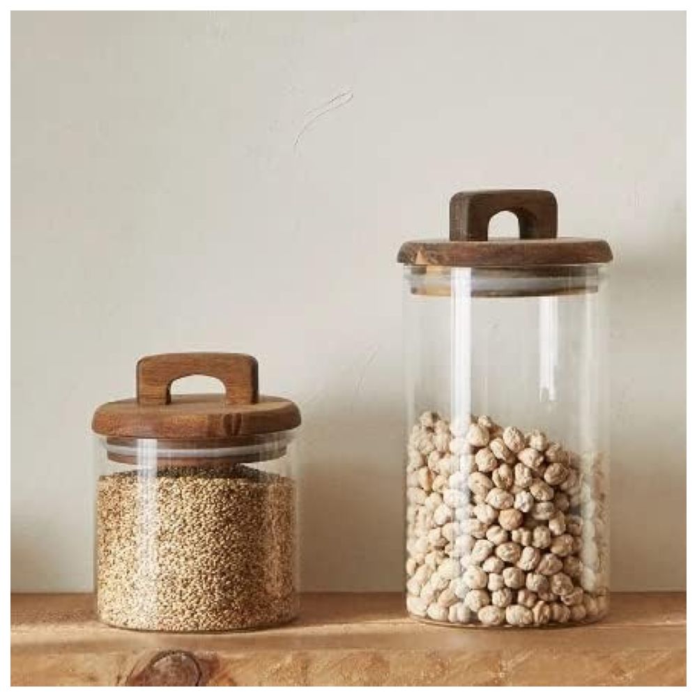 1Chase - Glass Food Storage Jar With Acacia Wood Lid - 1 L - 3pcs