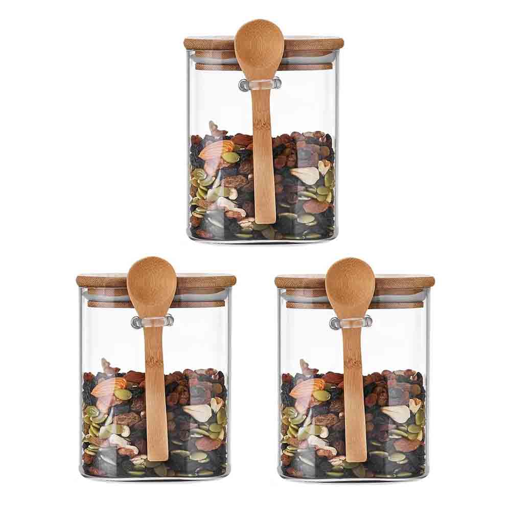 1Chase - Glass Storage Jar With Lid And Spoon - Pack of 3 - 1 L