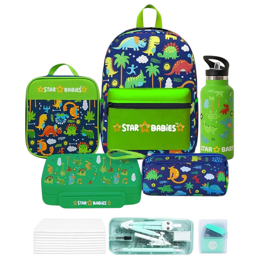 Star Babies - Backpack, Water Bottle, Lunch Bag & Box With Pencil Case Set - Jungle - 5 Pcs Geometry Set, Stapler, Disposable Towel 10pcs