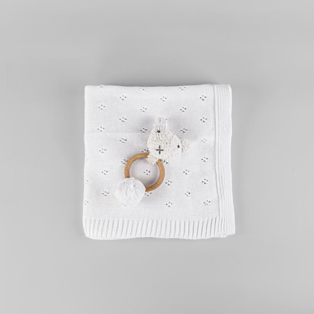 Bumble & Bird - Cozy Cocoon Knitted Blanket With Rattle - White