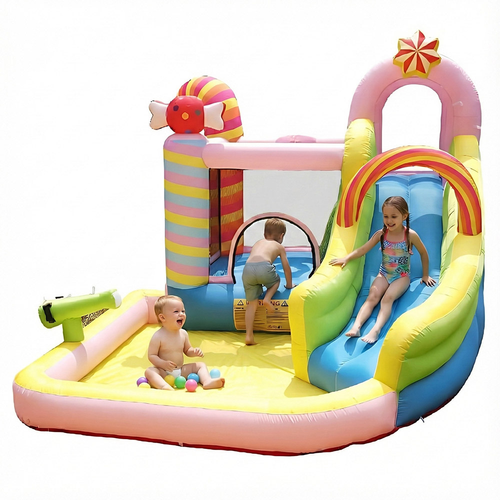 Myts - Kids Inflatable Bouncy Castle With Water Slide And Splash Pool - Candy Rainbow