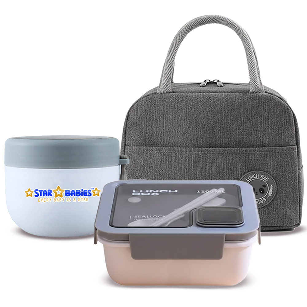 Star Babies Insulated Lunch Bag With Bento Lunch Box & Stainless Steel Mini Food Jar Set - Grey - 3 Pcs