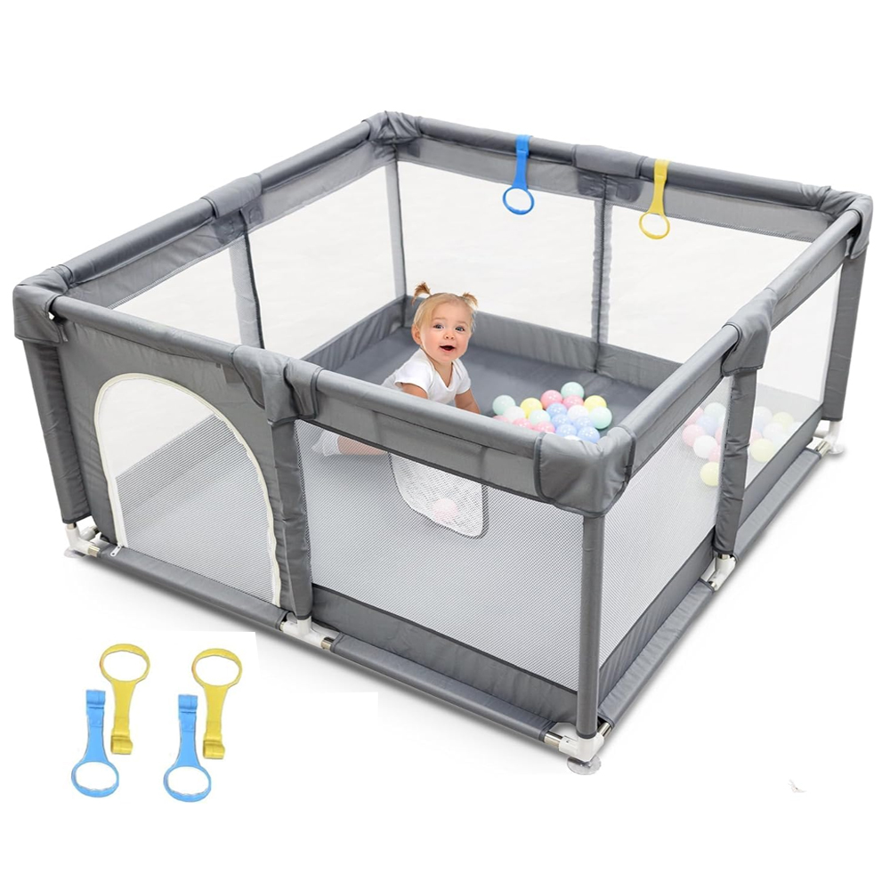 Star Babies - Baby Playpen With 4 Pull-Up Rings - Dark Grey - 120 x 120 cm