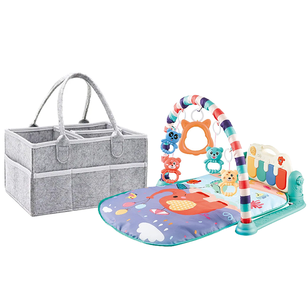 Star Babies - Pedal Piano Activity Playmat & Diaper Caddy Set - Grey/Blue - 2 Pcs