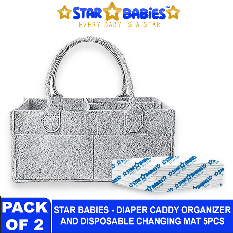 Star Babies - Baby Diaper Caddy Portable Organizer With Disposable Changing Mat - White - 5 Pcs