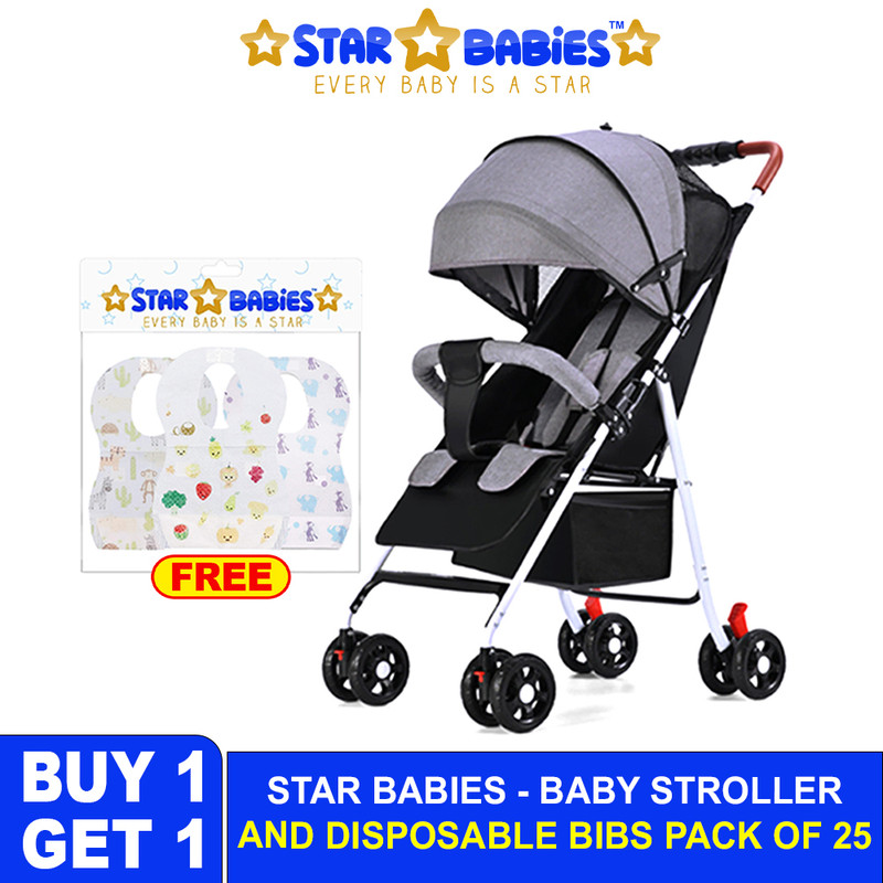 Star Babies Lightweight Compact Fold Stroller With Free 25-Pc Disposable Bibs - Grey