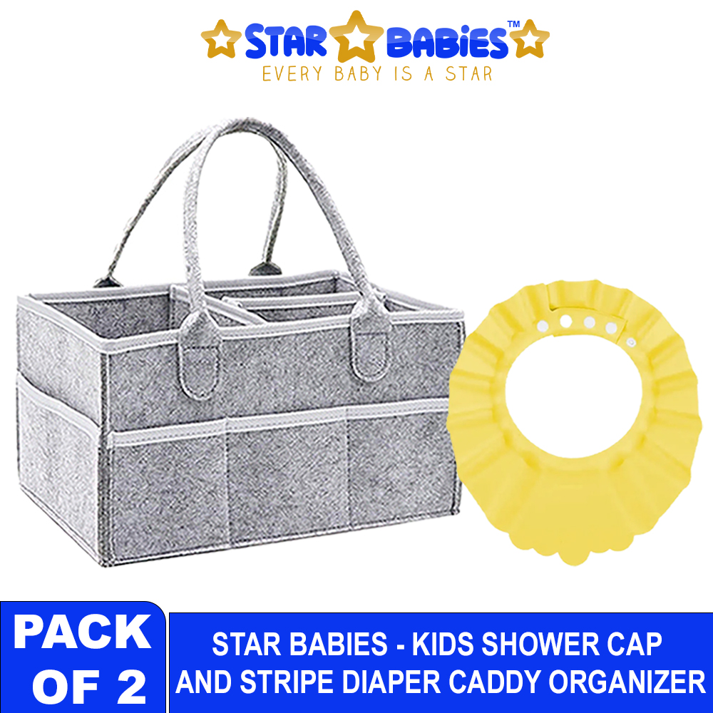 Star Babies - Baby Diaper Caddy Organizer With Kids Adjustable Shower Cap - Pack Of 2 - Grey & Yellow