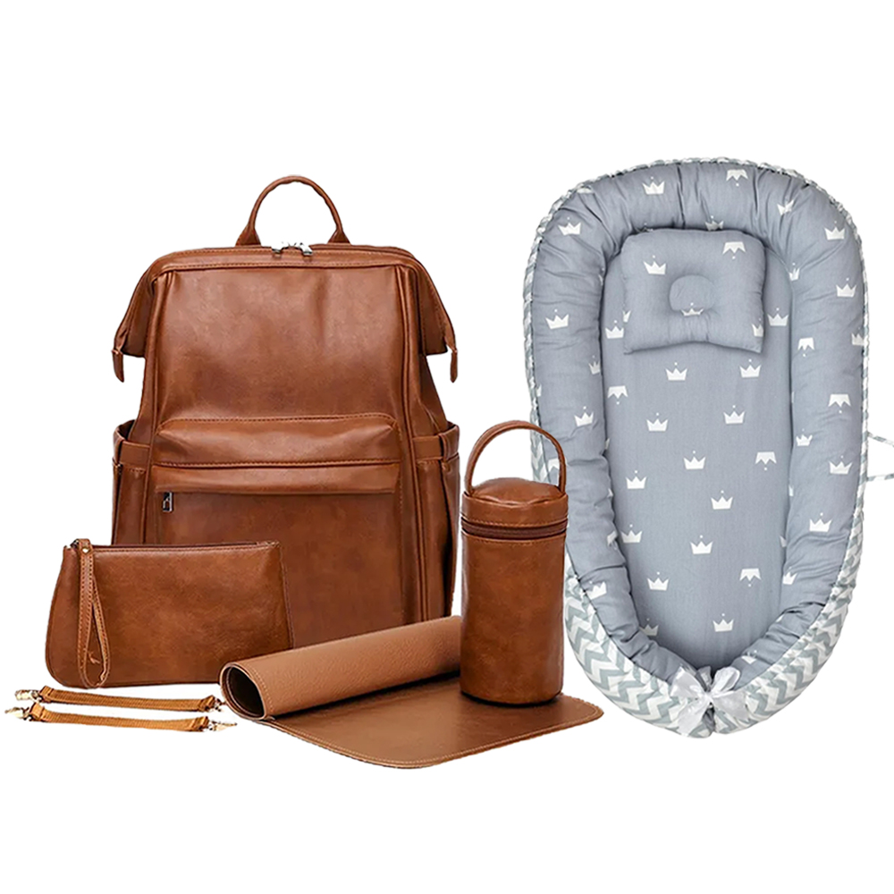 Star Babies - PU Leather Diaper Bag Set - 6 Pcs With Baby Stripe Sleeping Pod - Grey/Brown