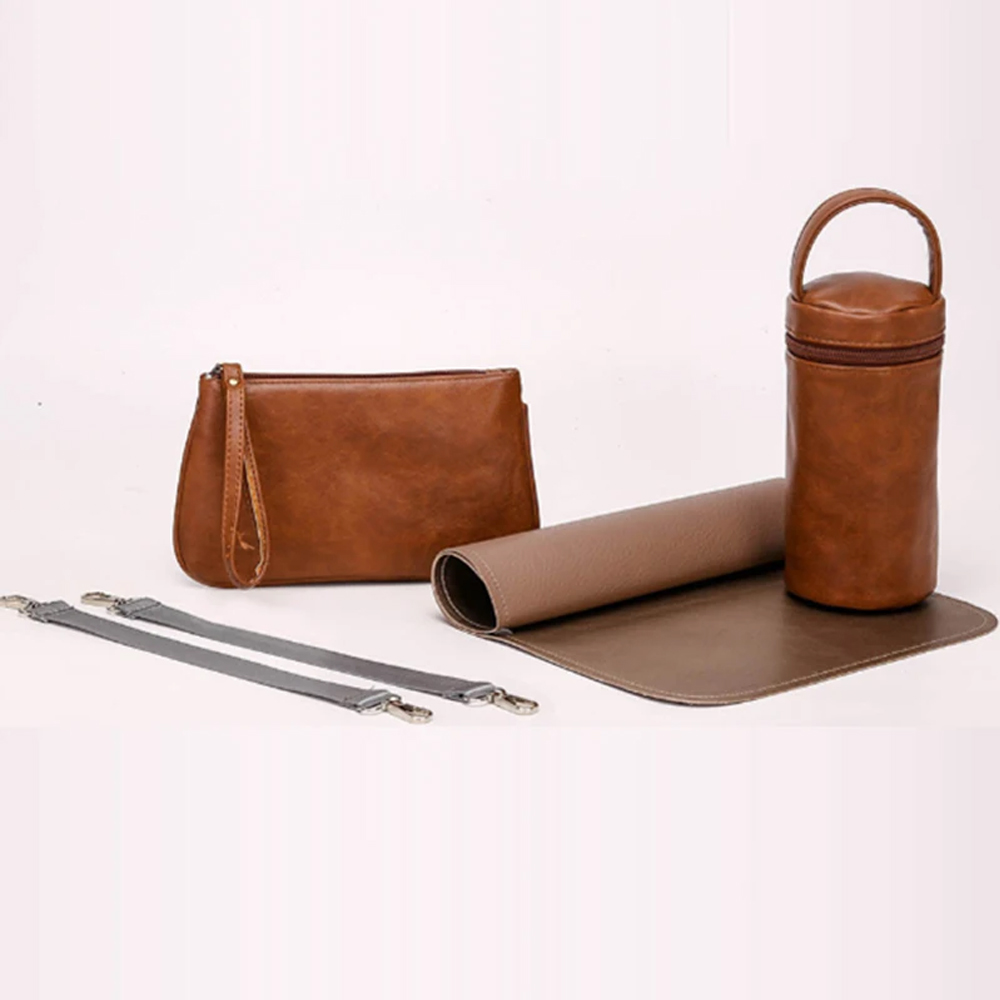 Star Babies - PU Leather Diaper Bag Set - 6 Pcs With Baby Sleeping Pod - Brown/Grey