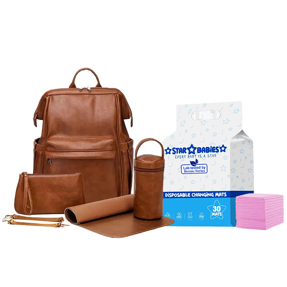 Star Babies - PU Leather Diaper Bag Set - 6 Pcs Set With Disposable Changing Mat - 30 Pcs - Pink - 60 x 60 cm