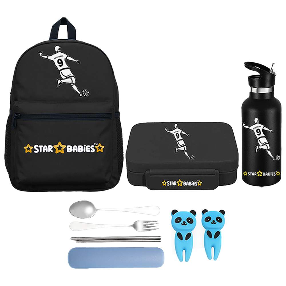 Star Babies - Backpack, Stainless Steel Water Bottle & Bento Lunch Box Set - Football - 3 Pcs with Free Fruits picks, Spoon & Fork set