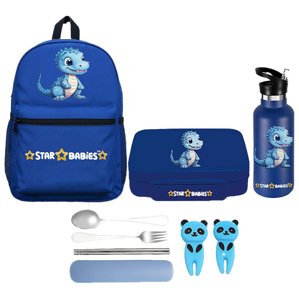 Star Babies - Backpack, Stainless Steel Water Bottle & Bento Lunch Box Set - Dino - 3 Pcs with Free Fruits Picks, Spoon & fork set