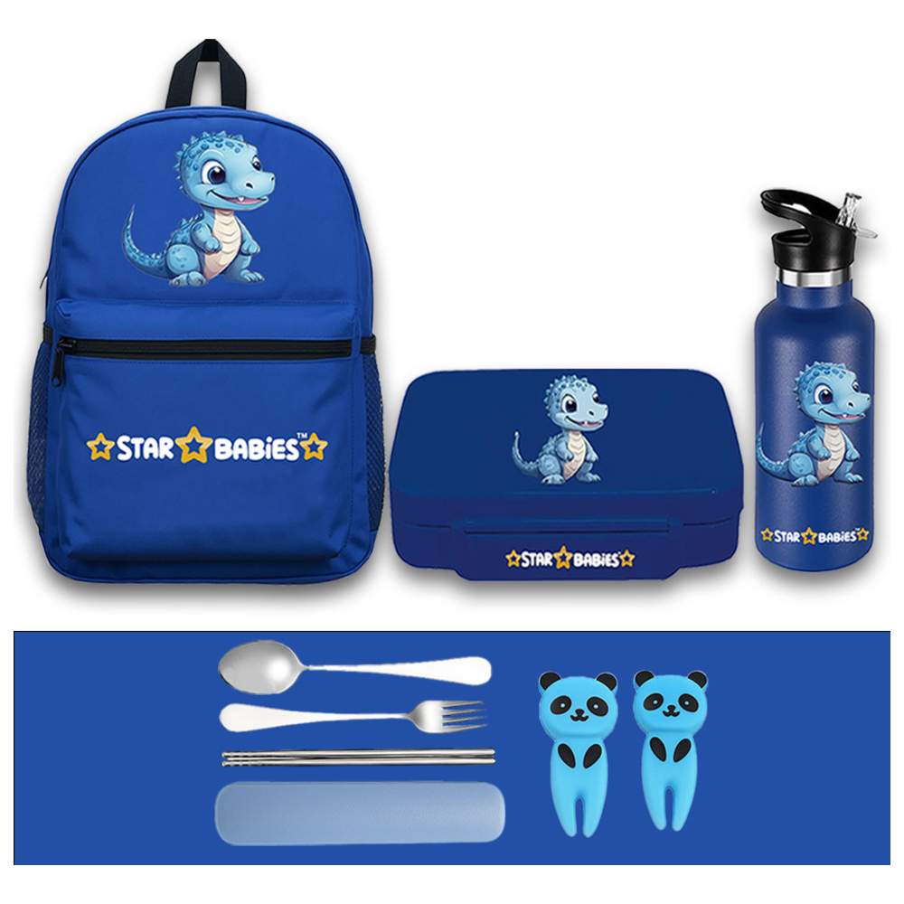 Star Babies - Backpack, Stainless Steel Water Bottle & Bento Lunch Box Set - Dino - 3 Pcs with Free Fruits Picks, Spoon & fork set