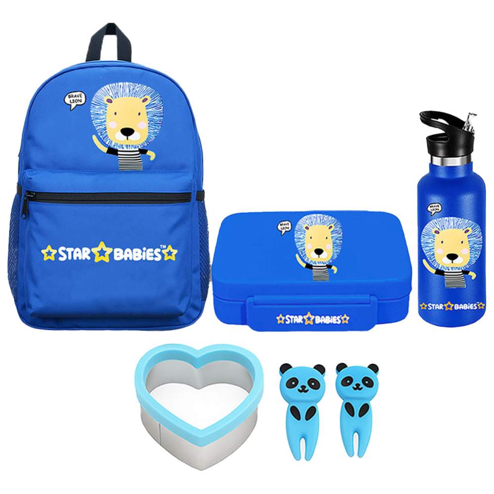 Star Babies - Backpack, Stainless Steel Water Bottle & Bento Lunch Box Set - Brave Lion - 3 Pcs with Free Fruits Picks, Sandwich Cutter
