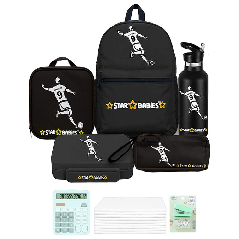 Star Babies - Backpack, Water Bottle, Lunch Bag & Box With Pencil Case Set - Football - 5 Pcs with Free Calculator, Disposable towel 10pcs, Stapler