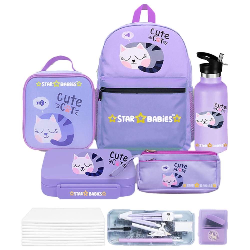 Star Babies - Backpack, Water Bottle, Lunch Bag & Box With Pencil Case Set - Cute Cat - 5 Pcs with Free Geometry Set, Stapler, Disposable Towel 10pcs