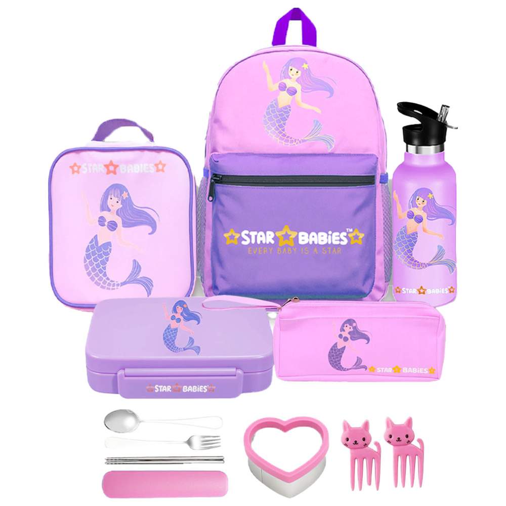Star Babies - Backpack, Water Bottle, Lunch Bag & Box With Pencil Case Set - Little Mermaid - 5 Pcs with Free Fruits Picks, Sandwich Cutter and Spoon & fork Set