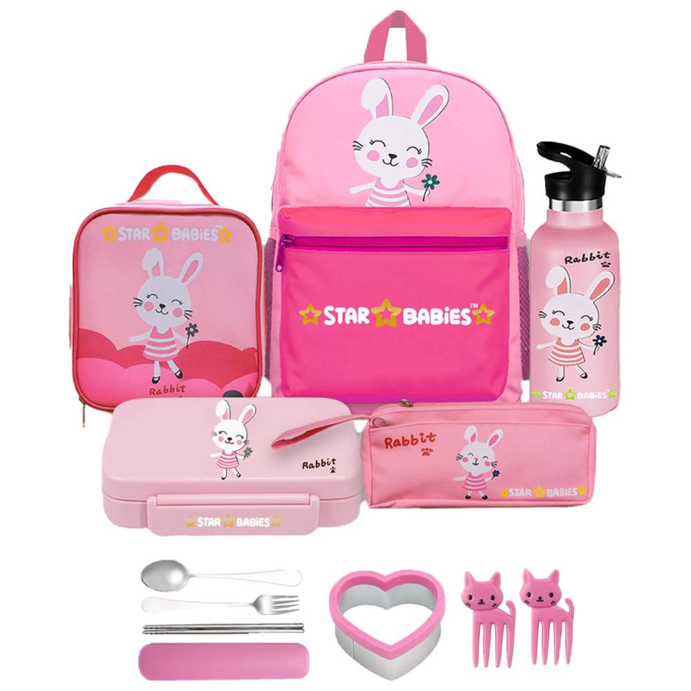 Star Babies - Backpack, Water Bottle, Lunch Bag & Box With Pencil Case Set - Cute Rabbit - 5 Pcs with Free Fruits Picks 2pcs, Sandwich Cutter and Spoon and frok set