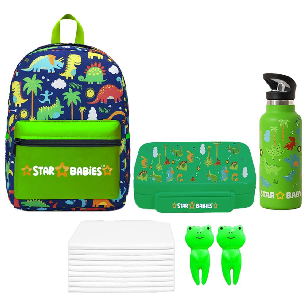 Star Babies - Backpack, Stainless Steel Water Bottle & Bento Lunch Box Set - Jungle - 3 Pcs with Free Disposable Towel 10pcs, Fruits picks 2pcs