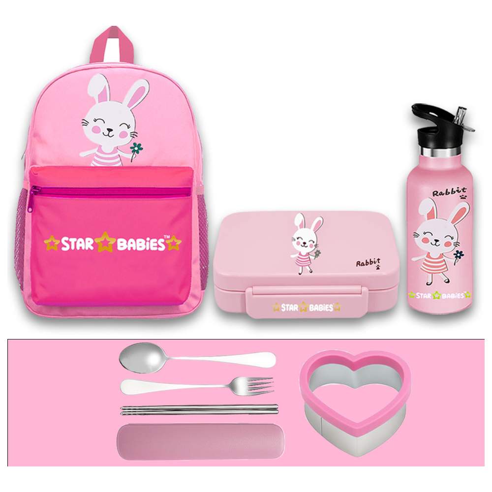 Star Babies - Backpack, Stainless Steel Water Bottle & Bento Lunch Box Set - Cute Rabbit - 3 Pcs with Free Sandwich cutter, Spoon & fork Set