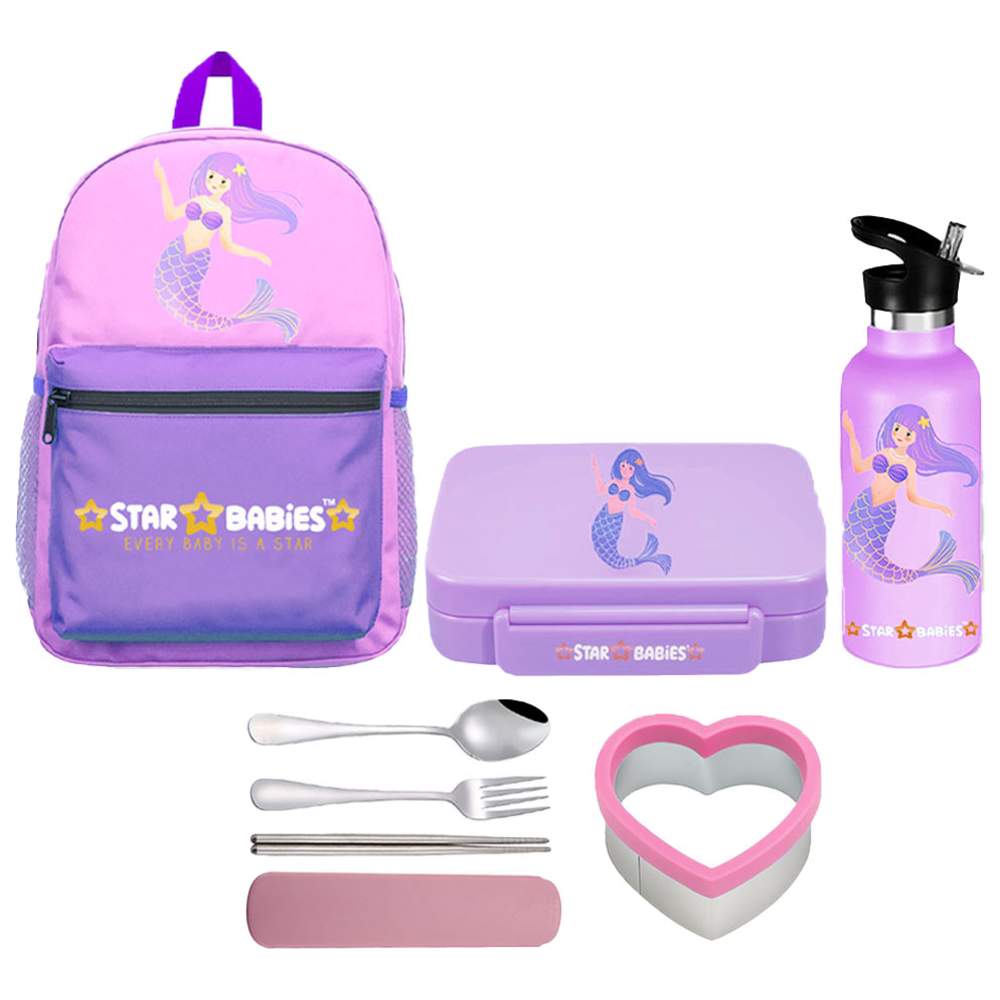 Star Babies - Backpack, Stainless Steel Water Bottle & Bento Lunch Box Set - Little Mermaid - 3 Pcs with Free Sandwich Cutter, Spoon & fork Set