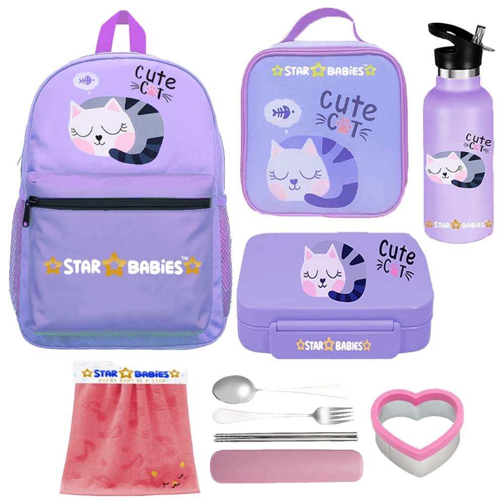 Star Babies - School Backpack, Water Bottle, With Insulated Lunch Bag & Box Set - Cute Cat - 4 Pcs with Free Face Towel, Spoon & fork Set, Sandwich cutter