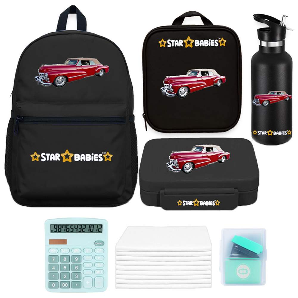 Star Babies - School Backpack, Water Bottle, With Insulated Lunch Bag & Box Set - Retro Car - 4 Pcs with Free Calculator, Disposable Towel 10pcs, Stapler
