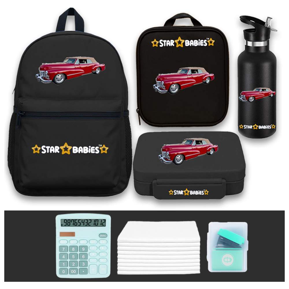 Star Babies - School Backpack, Water Bottle, With Insulated Lunch Bag & Box Set - Retro Car - 4 Pcs with Free Calculator, Disposable Towel 10pcs, Stapler